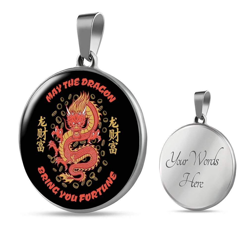Dragon Circle Pendant Necklace Stainless Steel 24 Inch Chain Silver Tone or Gol
